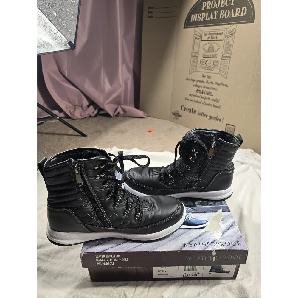 sz 10M - Weatherproof Womens Alexa 1132649 Black Round Toe Lace Up Ankle Boots